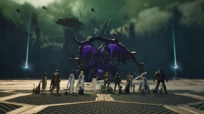 Elyos and Asmodian characters lined up in a plaza facing a demonic silhouette