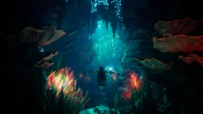 A gatherer swimming through a glowing cave system in AION 2