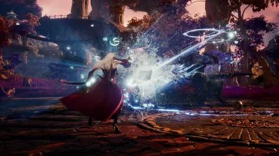 A red-robed spellcaster weaving a skill chain against ruins in AION 2