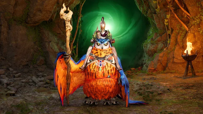 AION 2 NPC: an owl-like creature in ornate jewelry and a headdress holding a wooden staff before a glowing green cave portal